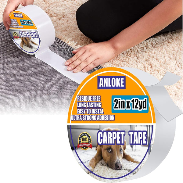 Double Sided Carpet Tape for Area Rugs, 2 Inch x 12 Yards Heavy Duty Rug Tape Gripper for Hardwood Floors