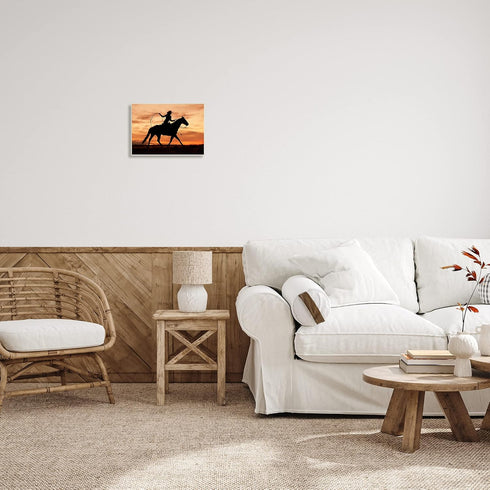 Stupell Industries Cowgirl Sunset Silhouette Southwestern Horse Field Landscape, Designed by J.C. Leacock Wall Plaque, 15 x 10, Orange