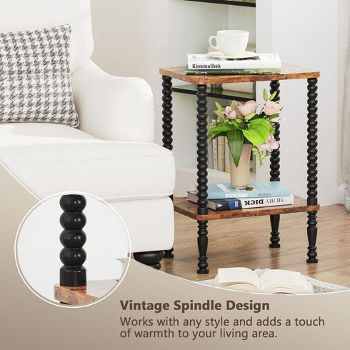 2-Tier Side Table, Wood End Table, Vintage Bedside Nightstand with Open Storage Shelf for Living Room, Bedroom, Office