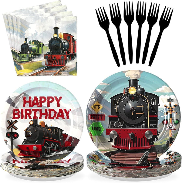 Grencian 96Pcs Train Birthday Party Decorations Vintage Steam Train Paper Plates and