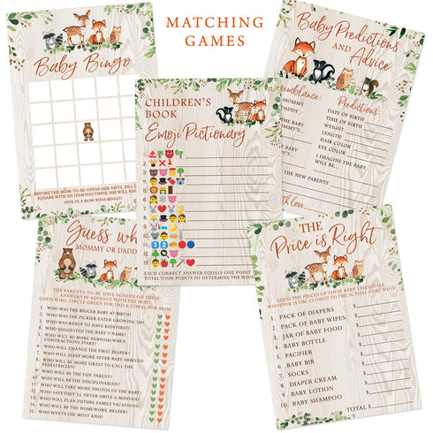 Printed Party Baby Shower Games, Children's Book Emoji Game for Boy or Girl, Woodland Forest Animals Theme, 50 Cards