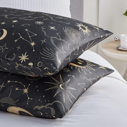 EXQ Home Satin Pillowcase Set of 2 for Hair and Skin - Black Printed Silk Pillowcase 20x26 inches with Envelope Closure