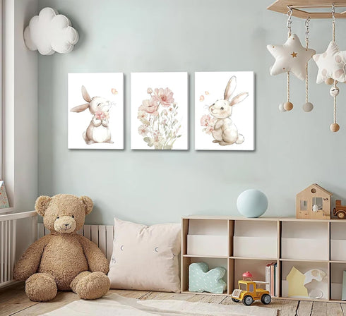 Grengel Pink Girl Nursery Bunny Canvas Wall Art Cute Rabbit Wildflowers Painting Pictures Wall Decor Botanical