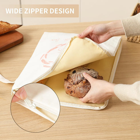 WiNDANCE 2 Packs Wide Zipper Access Beeswax Bread Bags for Homemade Bread - XL Reusable Organic Beeswax Linen Cotton