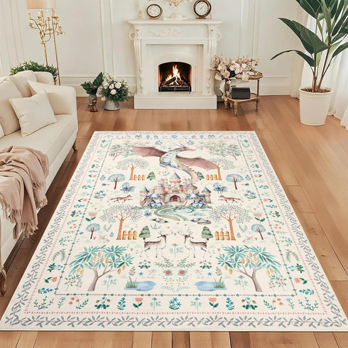 nesrt Washable Area Rugs for Living Room 5x7ft Beige, Soft Dragon Animal