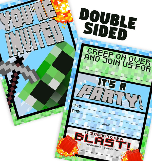 Pixel Party Invitations, 12 Invitations + 12 Envelopes, DOUBLE SIDED Video Game Invitations