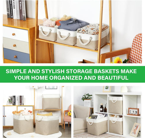 Bidtakay Small Fabric Storage Baskets, 3-Pack Collapsible 12x8x5 Inch Canvas Bins for Closet Organization - S-White &