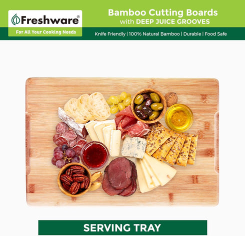 Freshware Wood Cutting Boards for Kitchen, Bamboo Set of 3, Juice Grooves, Easy Grip Handle