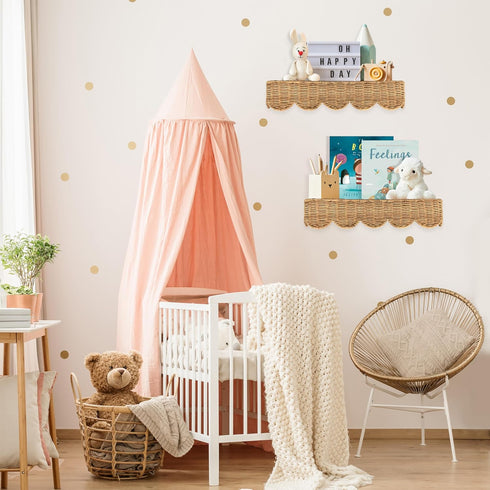 Set 2 15.8" Nursery Book Shelves of - Artisanal Natural Rattan Scalloped Book Shelf for Kids Rooms W, Cute Wicker