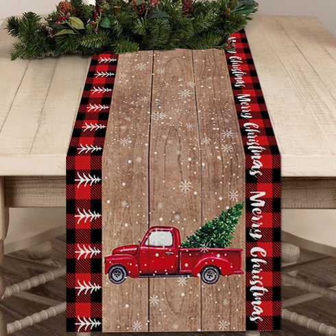Christmas Table Runner 72 Inch Truck with Xmas Trees, Red Black Buffalo Plaid Cotton Linen for Holiday Party