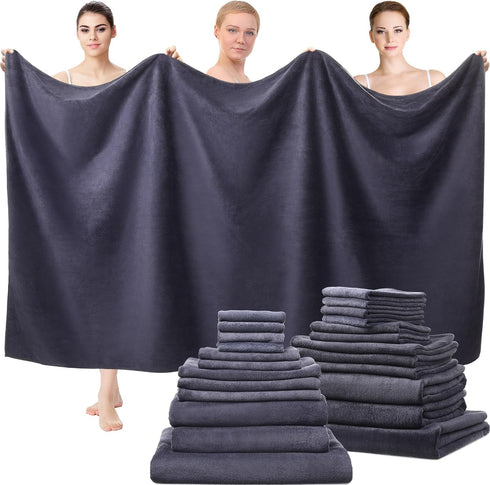 24 Set: 2 4 6 8 4 Mixweer Piece Dark Grey Microfiber Absorbent Towel Oversized Bath Sheets, Bath Towels, Hand