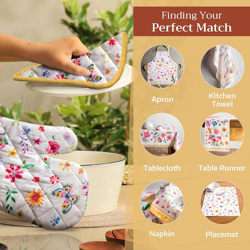 Maison d' Hermine 100% Cotton Oven Mitt & Pot Holder Set, Heat Resistant BBQ Cooking Gloves, Happy Florals