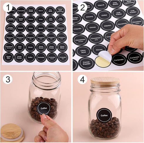 SAVITA 432pcs 3.5cm Waterproof Spice Labels Stickers, Round Preprinted for Spice Jar Organization (Black)