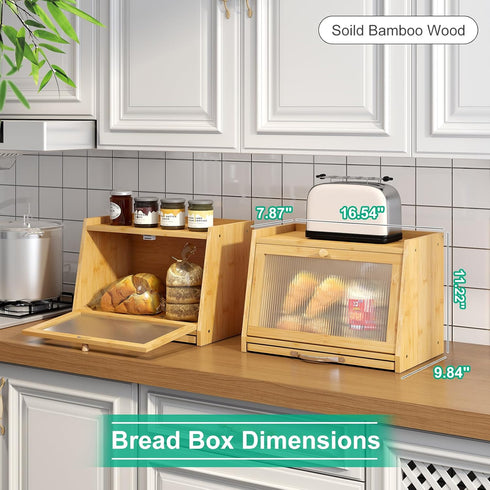 kiplant Counter, Bread Box with Cutting Board, Bamboo Bread Box for Kitchen Bread Storage Container with Wavy Arcylic