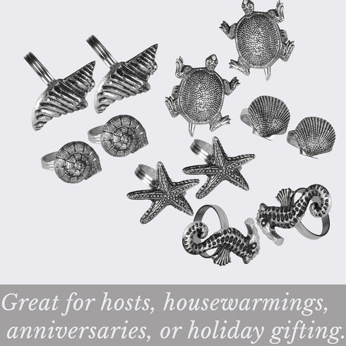 ALPHA Living HOME Silver Napkin Rings - 12-Piece Set of Premium 100% Metal, Antique Coastal Sea Shell Tabletop D cor