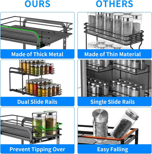 RCHYFEED Spice Organization for Cabinet, 2 Tier Pull Out Spice Rack for Seasoning Organizer, Height Adjustable Heavy