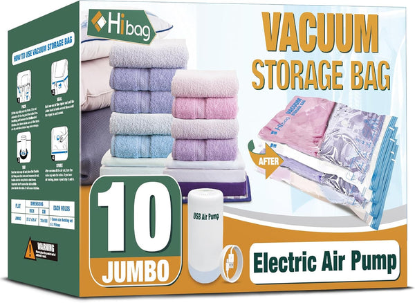HIBAG Vacuum Storage Bags with Electric Pump, Jumbo 10 Pack Space Saver Bags for Clothes, Pillows, Blankets, Comforters