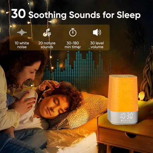 30 Dimmable Sound Machine White Noise Machine with Soothing Sounds, Sleep Timer, Bedside Lamp Night Light Clock
