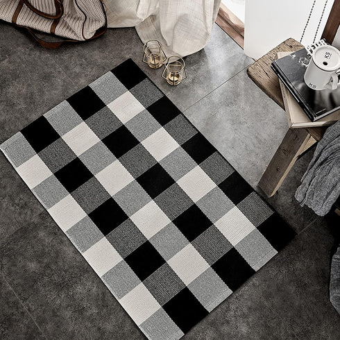 SEEKSEE Cotton Buffalo Plaid Rug 2'x3' Black and White Checked Rug Washable Doormats Indoor Outdoor Rugs for Layered Front Door Mats, Porch, Kitchen, Farmhouse, Entryway by SEEKSEE