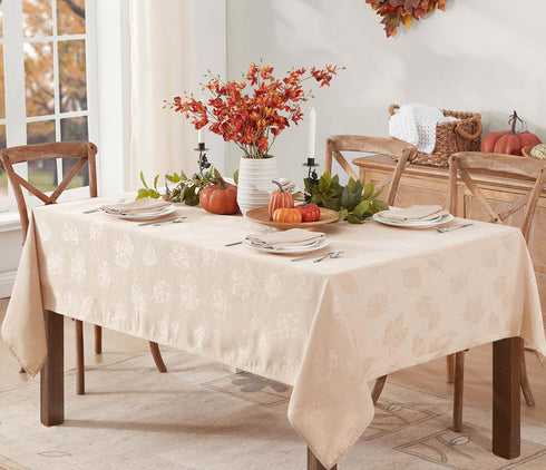 60 120 Inch, Newbridge Taupe Tremont Leaf Damask Rectangle Fabric Spring Lodge Tablecloth, x Elegant Holiday Swirling