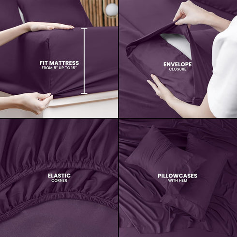 Utopia Bedding Queen Sheet Set – 4 Piece Bed Sheets for Queen Size Bed, Soft Microfiber, Dark Purple