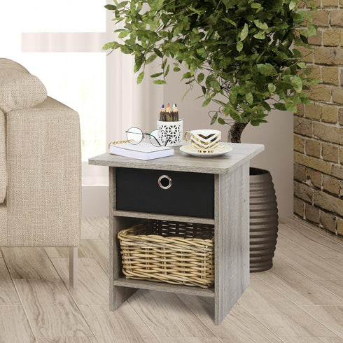 Furinno Dario End Table / Night Stand with Bin Drawer, 1-Pack, French Oak Grey/Black