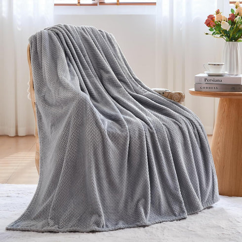 NEWCOSPLAY Super Soft Throw Blanket, Grey Premium Silky Flannel Fleece Leaves Pattern, All Season Use
