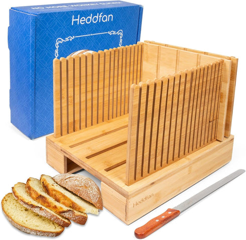 HEDDFAN Bamboo Bread Slicer For Homemade Bread - Built-In Knife Slot, Crumb Catcher