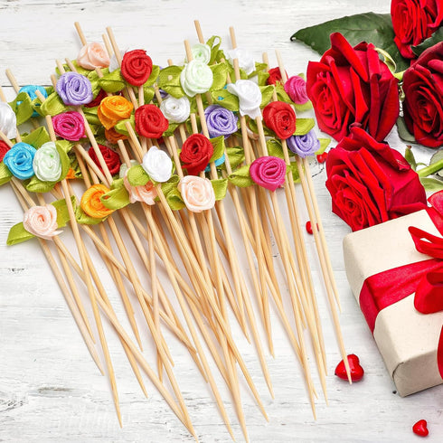 Minisland Multicolor Rose Flower Cocktail Picks, 4.7 Inch Long Bamboo Toothpicks for Appetizers, 100 Counts - MSL129
