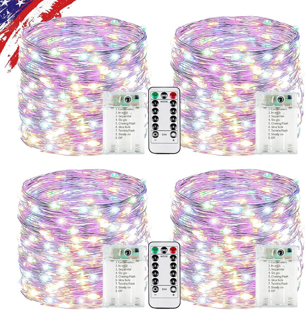 4 Pack Multicolor Fairy Lights Battery Operated with Remote, Waterproof 20FT 60LED