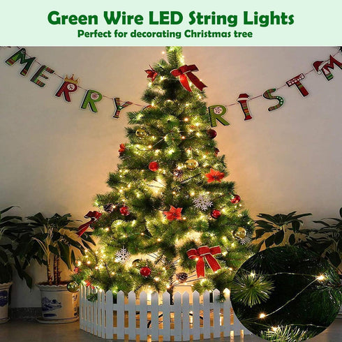 Outdoor Indoor String Lights, 300LED Warm White Fairy Lights 99ft Green Wire Dimmable with Remote Control, Waterproof