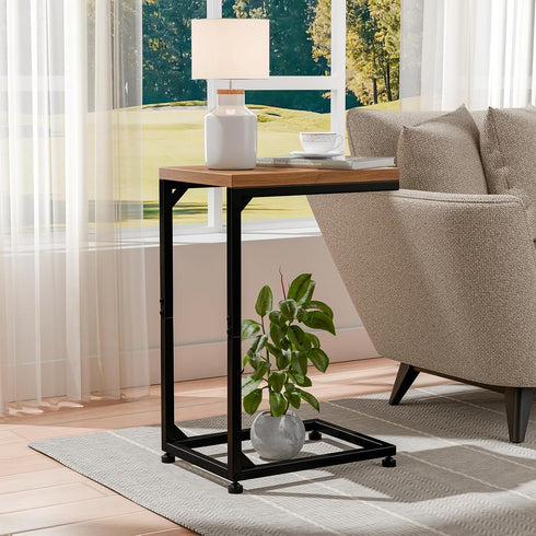Ekisemio C Table for Sofa, C Shaped End Table with Metal Frame, Small Side Table for Couch, TV Tray for Living Room