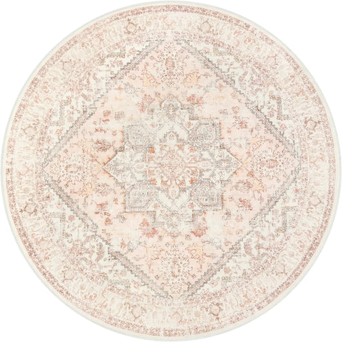 5ft LIVEBOX Washable Peachy Pink Rug - Medallion Vintage Circle Rugs for Bedroom, Low-Pile Tribal Print Carpet