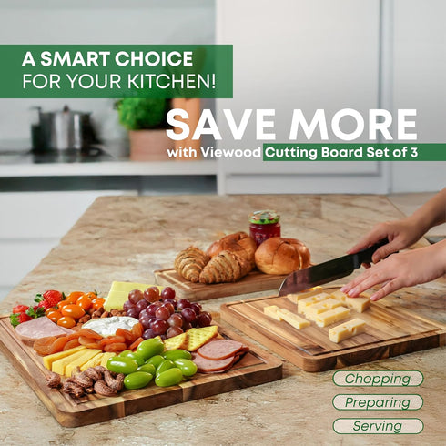 Set 3 (17x12, 12x10, 12x7 Inch) VieWood Acacia Wood Cutting Board of for Kitchen, Serving, Charcuterie and Food Prep