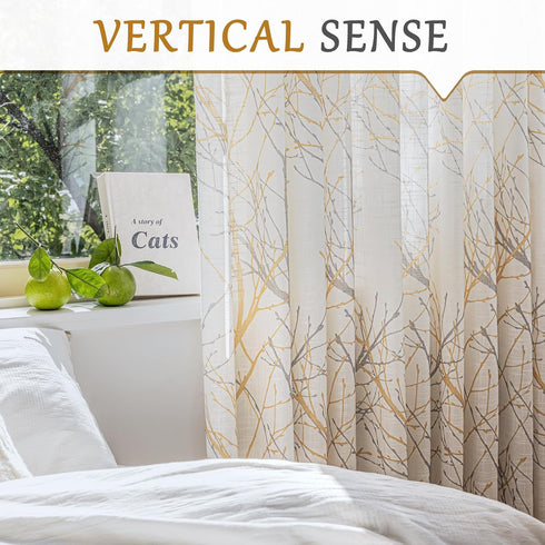 FMFUNCTEX Linen Semi Sheer Curtains for Bedroom, 84 Inches Long Yellow White Drapes with Grey Tree Branch Print