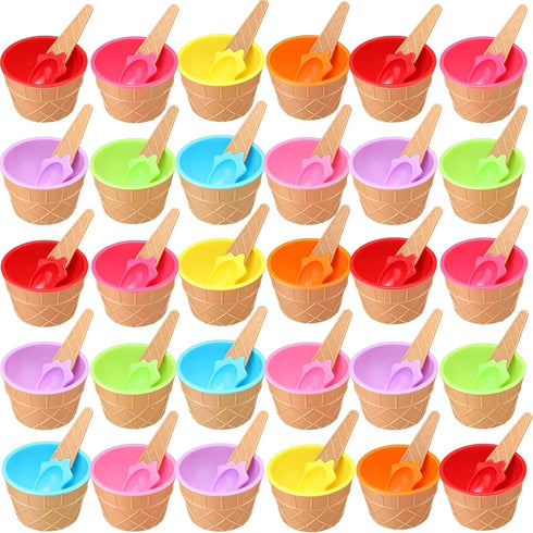 32 Pack Reusable Plastic Ice Cream Bowls and Spoons 8 Candy Colors