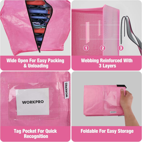 WORKPRO 6 Pack Extra Large Moving Bags with Zippers, Heavy-Duty Storage Tote with Carrying Handles & Backpack Straps