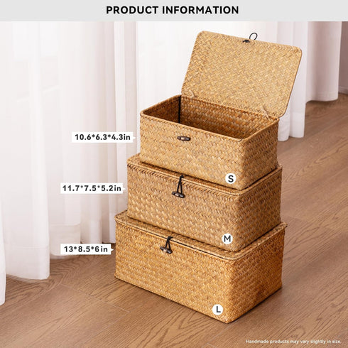 Nonam Set 3, Storage Basket with Lid, Natural Seagrass Bin with Lid of Shelf Baskets Multipurpose Container for Boho