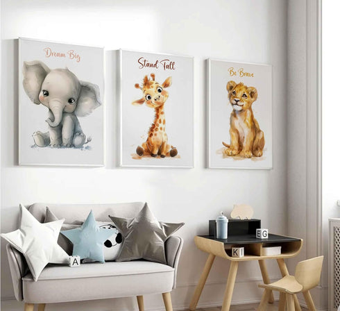 3 Pcs Safari Nursery Canvas Wall Art Kids Cute Inspirational Animal Lion Giraffe Elephant Painting Picture Wall Decor