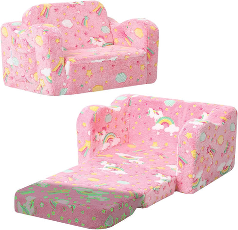 MeMoreCool Glowing Pink Rainbow Kids Chair, 2-in-1 Glow-in-the-Dark Kids Couch Fold Out
