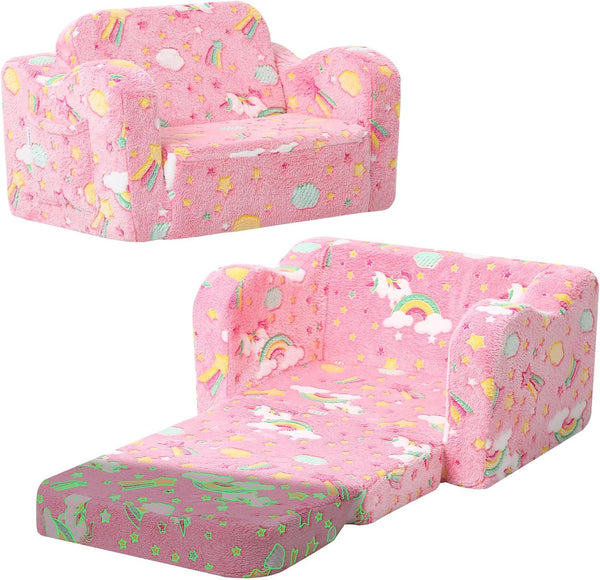 MeMoreCool Glowing Pink Rainbow Kids Chair, 2-in-1 Glow-in-the-Dark Kids Couch Fold Out