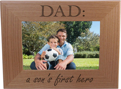 CustomGiftsNow Dad: A Son's First Hero - Natural Alder Wood Engraved Tabletop/Hanging Photo Frame (4x6-inch)