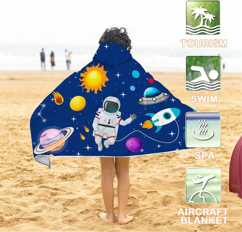 30" 50 Bonsai Tree Spaceman Hooded Beach Towel for Kids, Cute Space Man Bath Towel with Hood, Boy Microfiber Super