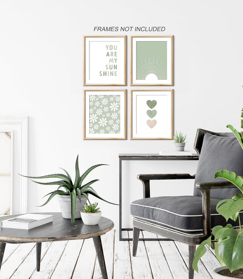 XWELLDAN Nursery,8 10 Inch Set 4 Boho Sage Green Sun You Are My Sunshine Daisy Flower Heart Poster Wall Art Prints,Boho
