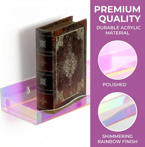 4 Pack 15" Hiceeden Iridescent Acrylic Floating Shelves, Wall Mounted Floating Bookshelf Organizer for Room, Clear Nail