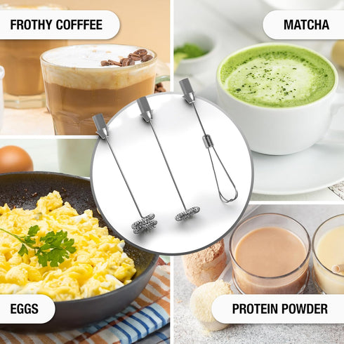 Zulay Rechargeable Froth N Go Milk Frother - 3-in-1 Wand with Case & USB-C Charger, 3 Whisk Attachments, Silver