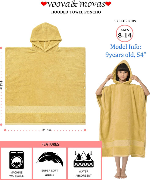 Kids(8-14Years),Oversized 100% (600GSM) Swimming VOOVA & MOVAS Poncho Towels for Cotton Thick Absorbent Bath Robe