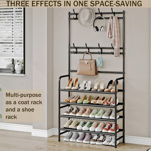 8 Closet 4 Coat Rack Shoe Rack With Storage Shelf Freestanding with Hooks for Entryway Bedroom Tier, Black