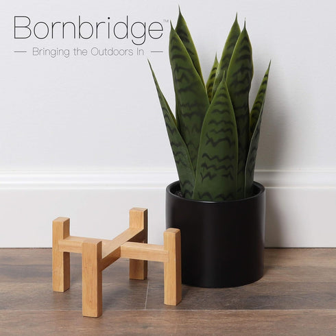 1 Pack) Bornbridge Artificial Snake Plant with Mid Century Plant Stand - Sansevieria Plant in Modern Planter