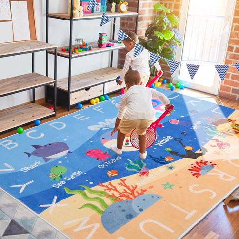Playroom,59"X39.4" Kids Rugs for ABC Alphabet Whale Kids Rug,Non-Slip Ocean Kid Rug Play Mat,Washable Educational